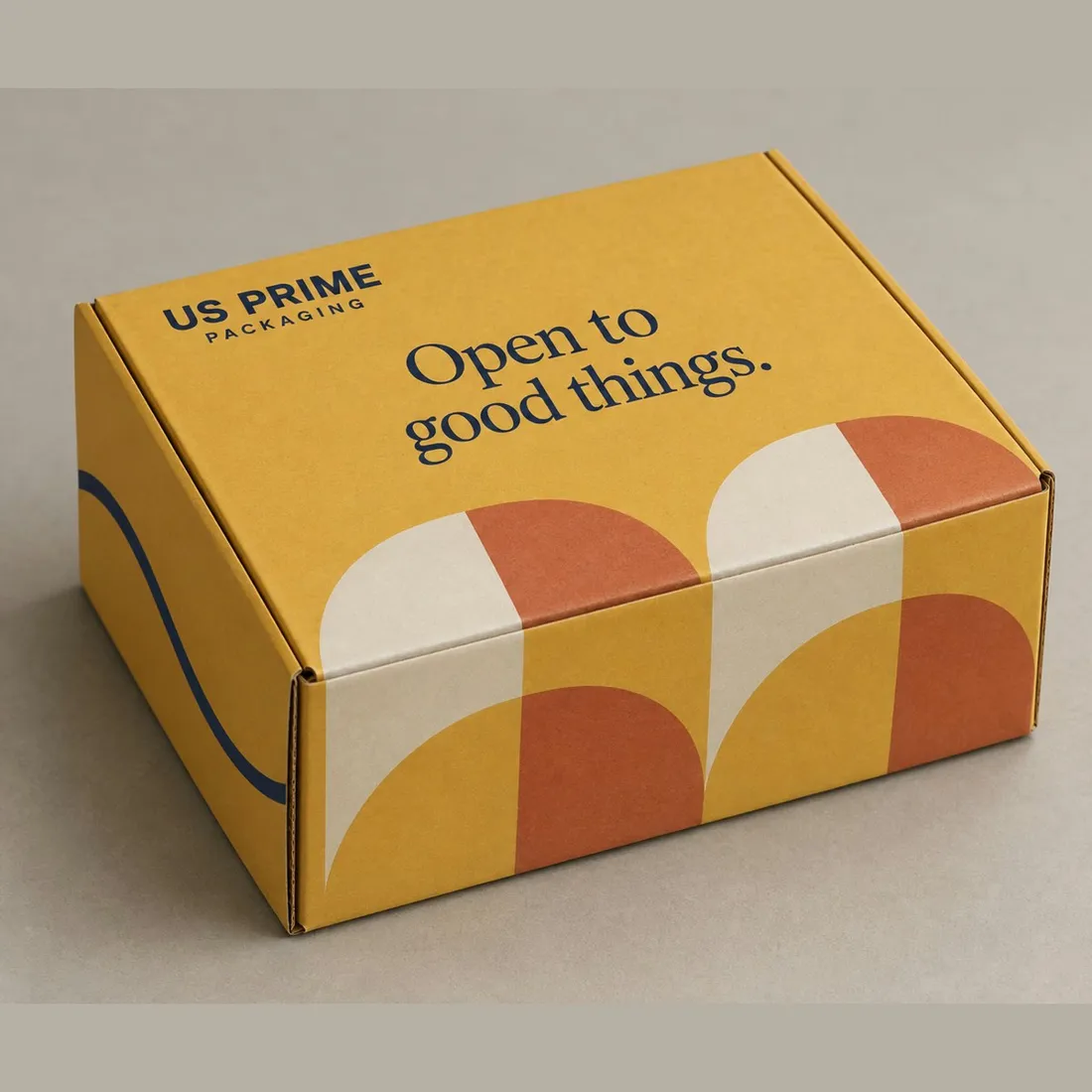 Yellow printed roll-end tuck-top mailer box with US Prime Packaging branding